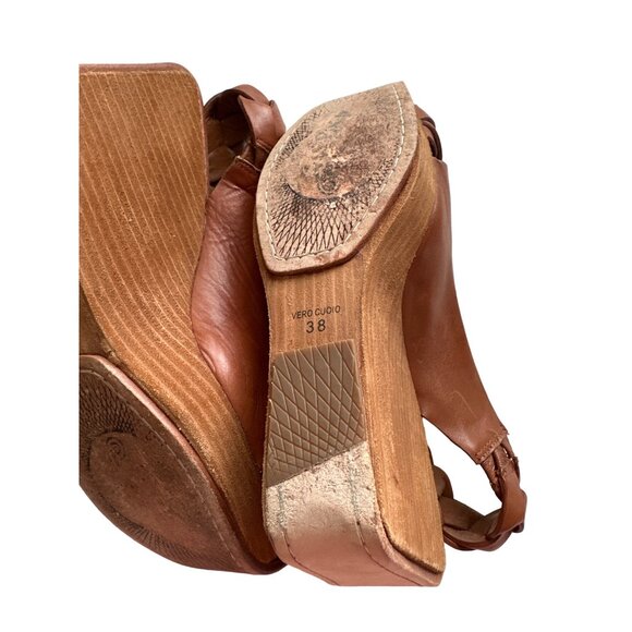 Modern Vintage Platform Wedge Sandals Brown Sling Back Leather Size 7.5 - Picture 9 of 11